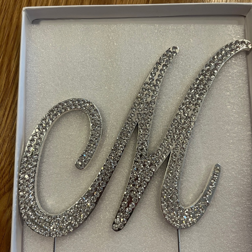 Silver Rhinestone M Cake Topper - Picture 2 of 2